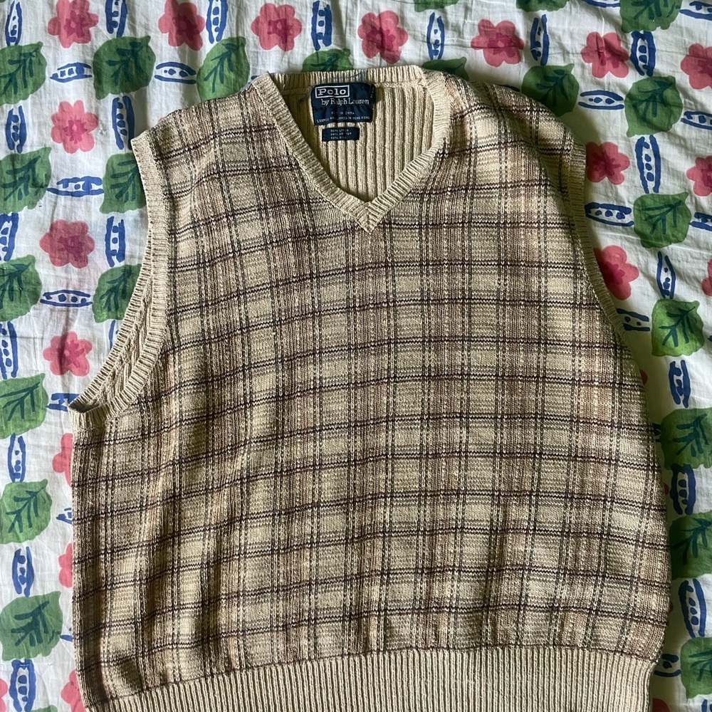 Polo by Ralph Lauren Men's Tan Plaid V-Neck Sweater Vest